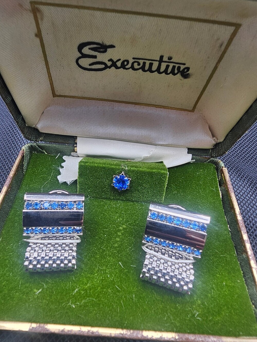 Vintage Executive Silver Tone Cufflinks and Tie Tack Set with Blue Stones